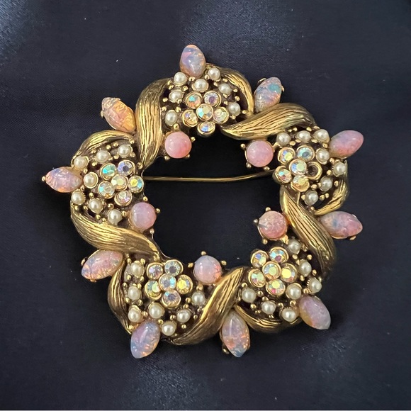 Vintage Hollycraft Gold tone  Fire Opal Beautiful Opal & Rhinestone Brooch - Picture 3 of 7